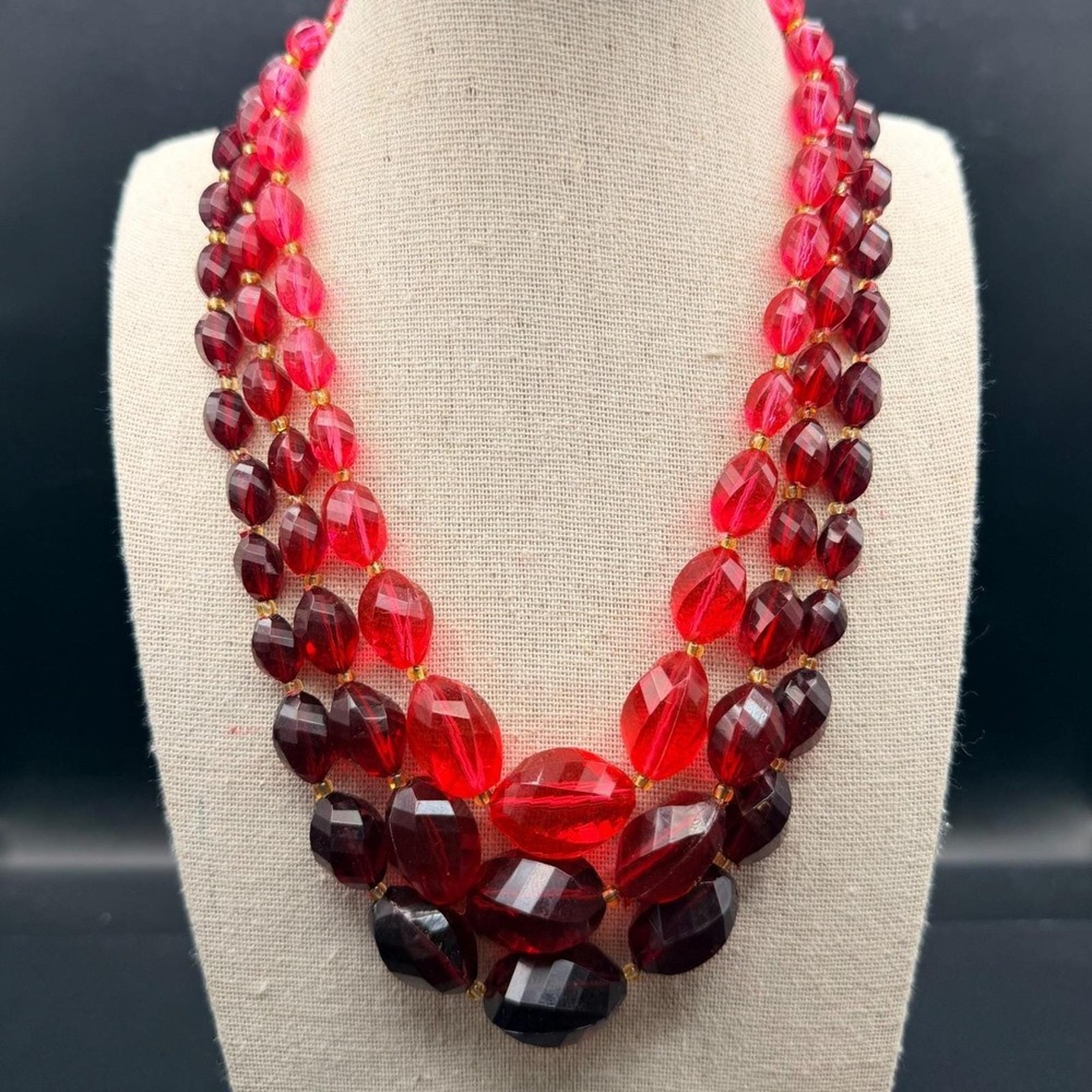 Vintage West Germany Plastic Bead Necklace Triple Strand 17" Red Magenta Retro